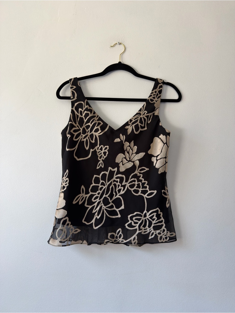 Alex Evenings Black V-Neck Camisole with Cream Floral Overlay